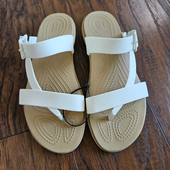 Crocs Women's Tulum Post Oyster Tan Toe Sandal Size 6 US - Picture 1 of 7
